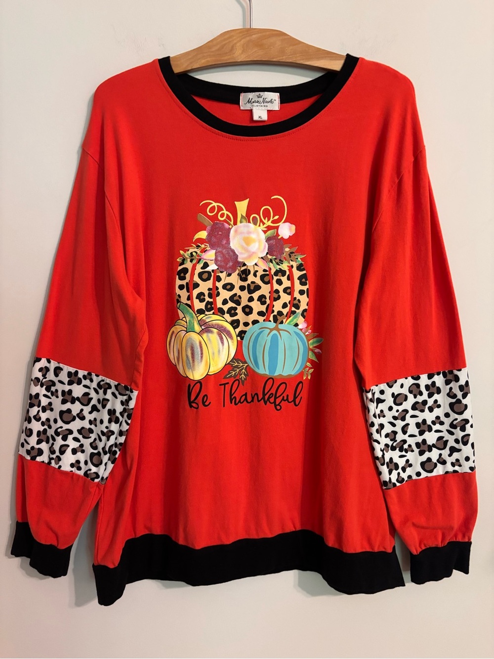 Marie Nicole Clothing Be thankful orange long-sleeve colorblock sweatshirt